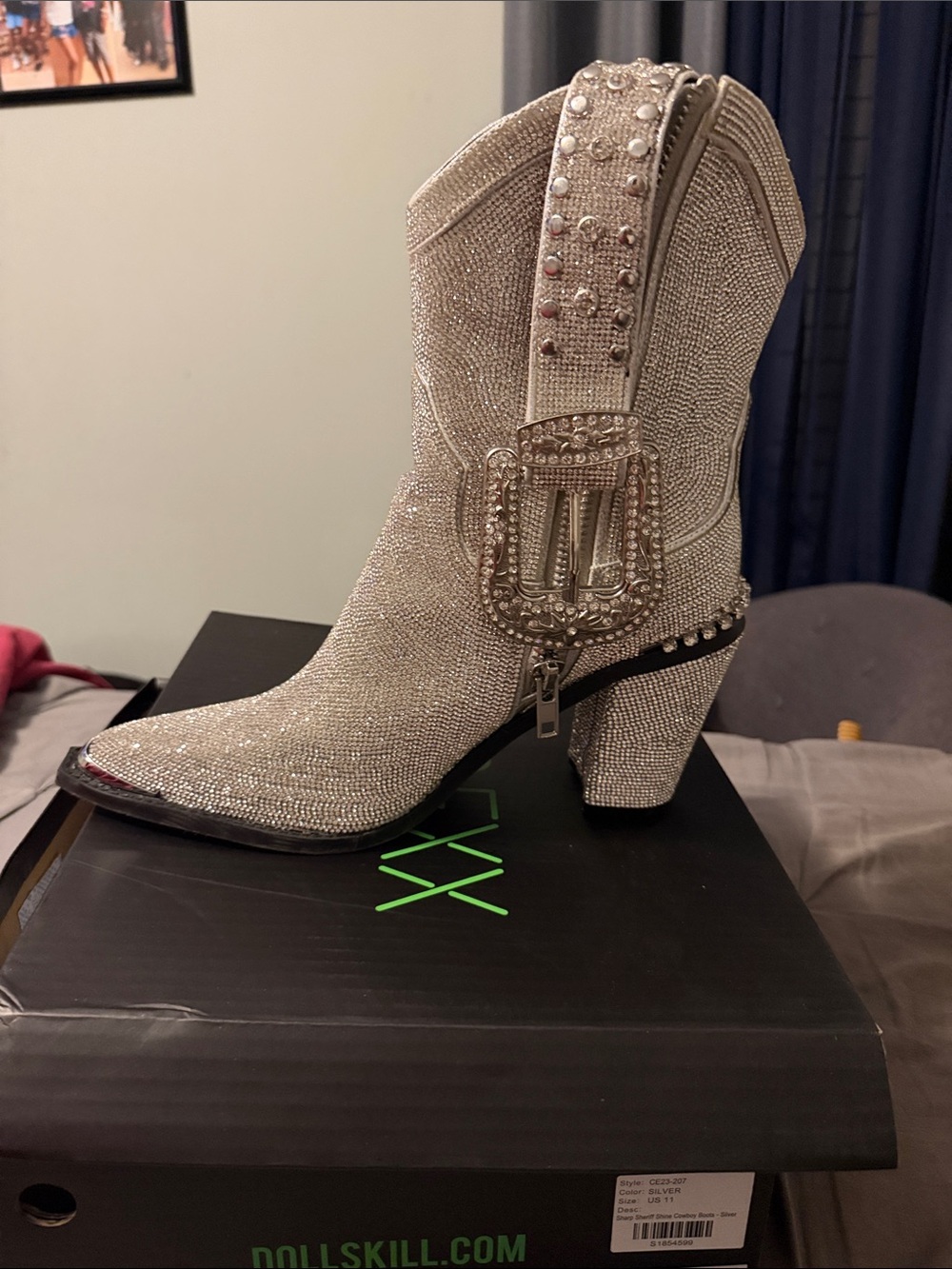 Dolls Kill Silver Crystal Embellished Western Ankle Boot